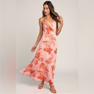 NWT. Lulus Feel The Vibe Pink Floral Print Sleeveless Lace Up Maxi Dress.